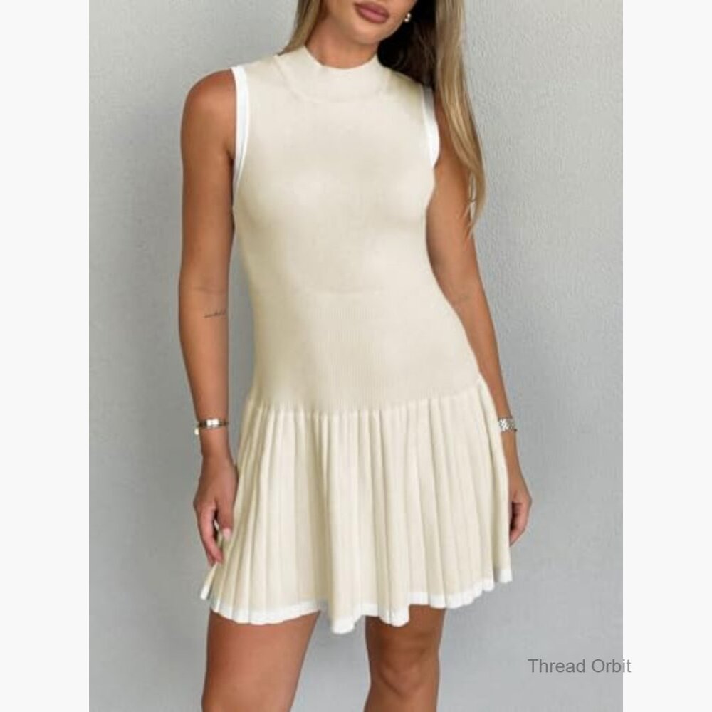 Sleeveless Mini Dress Mock Neck Ribbed Knit Pleated Casual Summer Tank - Picture 2 of 7